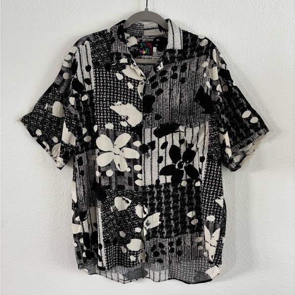 Vintage Jams World Hawaiian Button Up Shirt SzL Black White Floral Rare